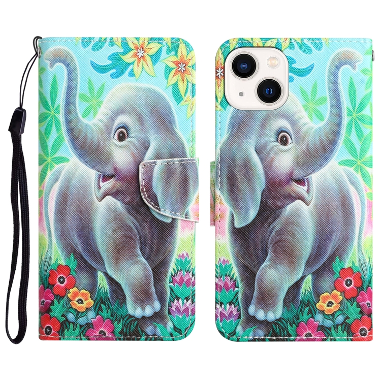 

For iPhone 15 Plus Colored Drawing Leather Phone Case(Elephant)