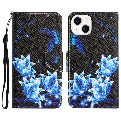 

For iPhone 15 Colored Drawing Leather Phone Case(Blue Butterfly)