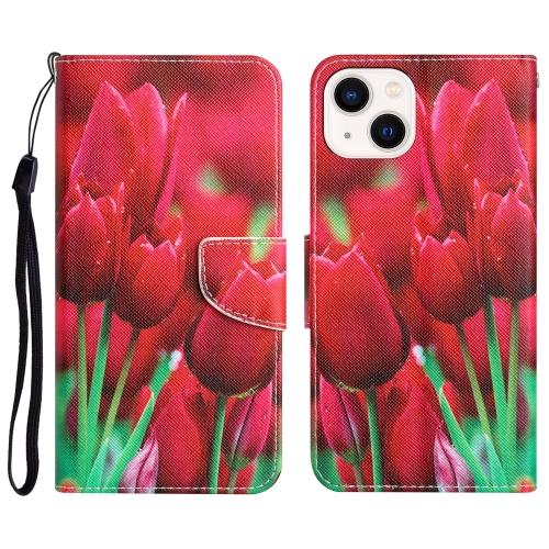 

For iPhone 15 Colored Drawing Leather Phone Case(Tulips)