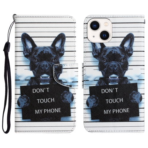 

For iPhone 15 Colored Drawing Leather Phone Case(Black Dog)