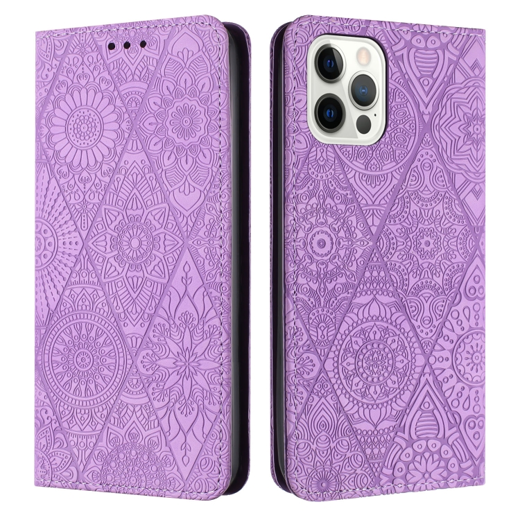 

For iPhone 15 Pro Ethnic Embossed Adsorption Leather Phone Case(Purple)