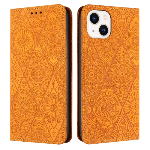 

For iPhone 15 Ethnic Embossed Adsorption Leather Phone Case(Yellow)