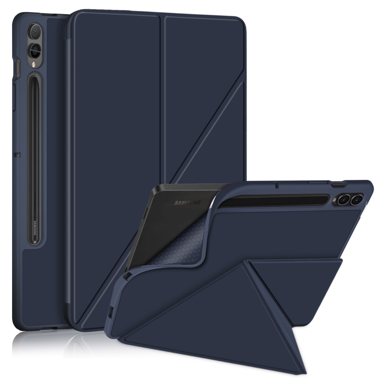 

For Samsung Galaxy Tab S9 Cloth Texture Multi-folding Horizontal Flip Leather Tablet Case(Dark Blue)