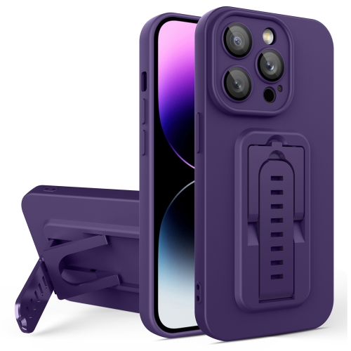 

For iPhone 15 Pro Strap Holder Shockproof Protective Phone Case with Lens Film(Purple)