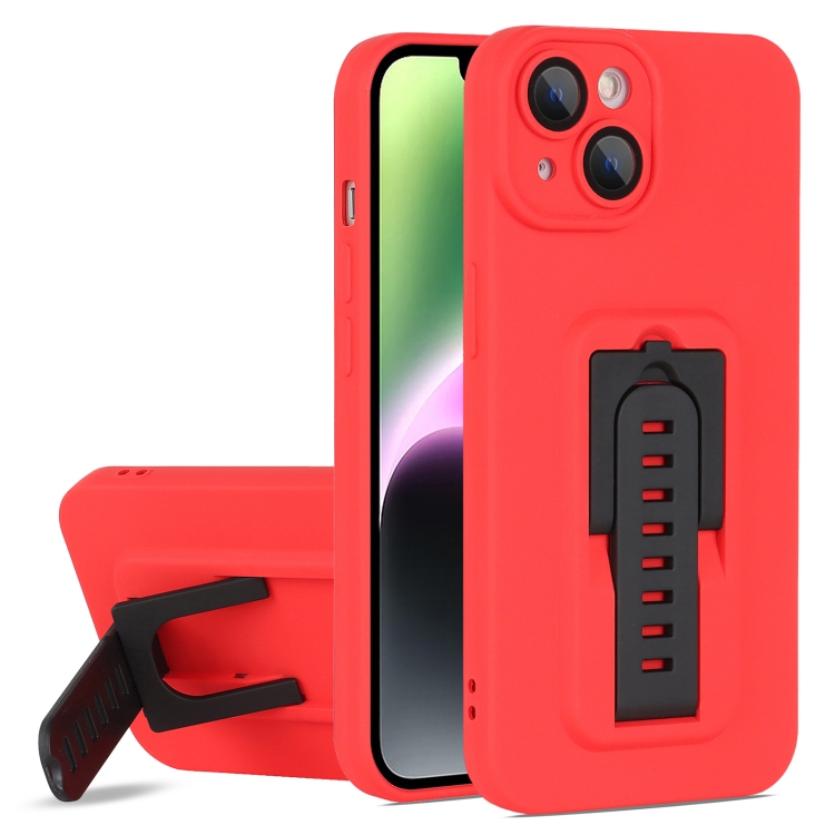 

For iPhone 15 Plus Strap Holder Shockproof Protective Phone Case with Lens Film(Red + Black)