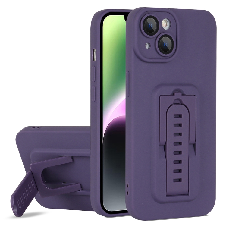 

For iPhone 15 Plus Strap Holder Shockproof Protective Phone Case with Lens Film(Purple)