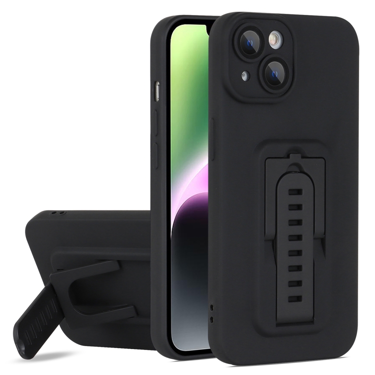 

For iPhone 15 Strap Holder Shockproof Protective Phone Case with Lens Film(Black)