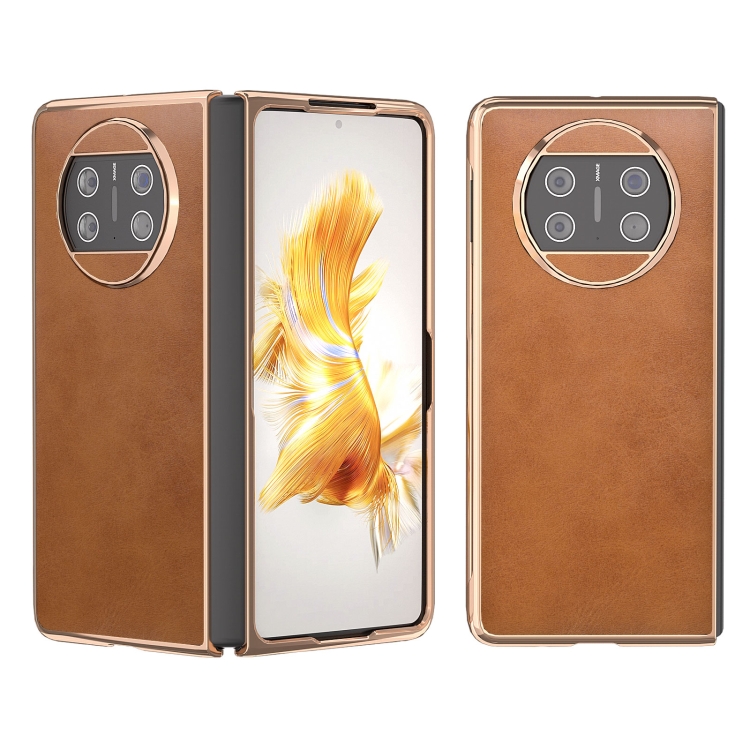 

For Huawei Mate X3 Electroplating Two-color Calf Texture PU Phone Case(Brown)