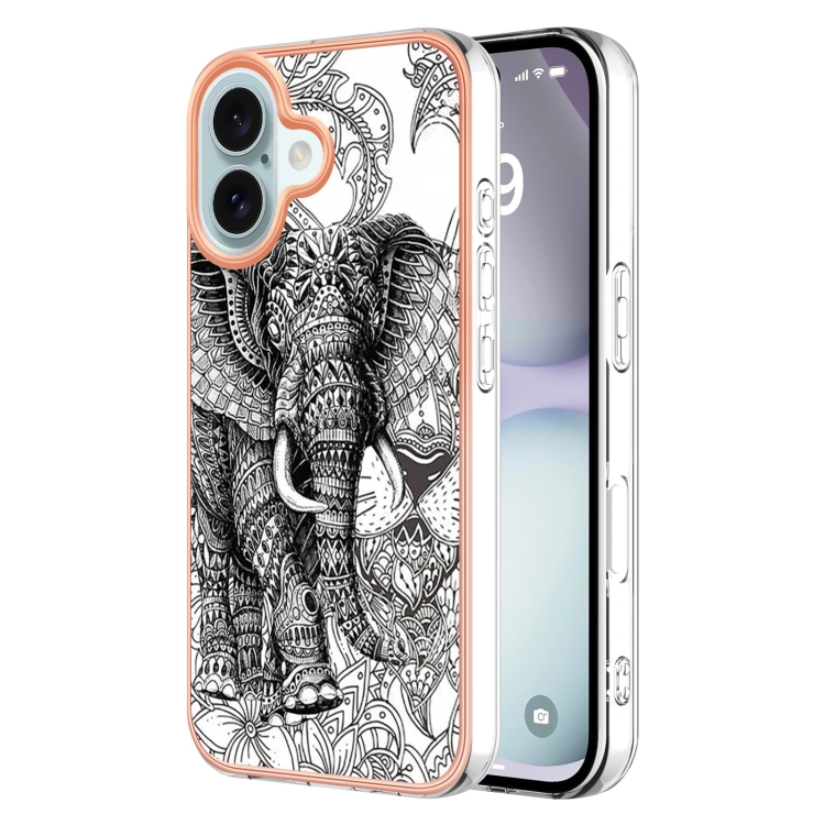 

For iPhone 16 Plus Electroplating Marble Dual-side IMD Phone Case(Totem Elephant)