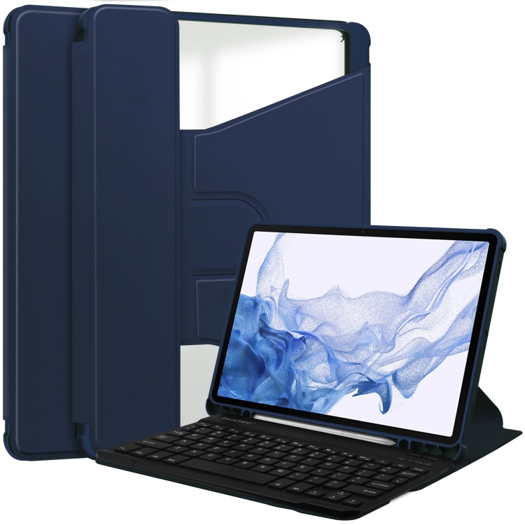 

For Samsung Galaxy Tab S9 360 Rotation Transparent Smart Leather Case with Keyboard(Dark Blue)