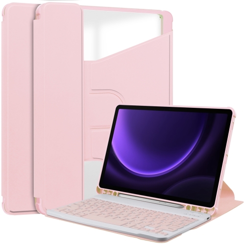

For Samsung Galaxy Tab S9 FE 360 Rotation Transparent Smart Leather Case with Keyboard(Pink)