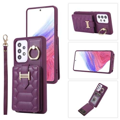 

For Samsung Galaxy A53 Vertical Card Bag Ring Holder Phone Case with Dual Lanyard(Dark Purple)