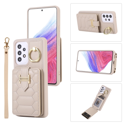 

For Samsung Galaxy A53 Vertical Card Bag Ring Holder Phone Case with Dual Lanyard(Beige)