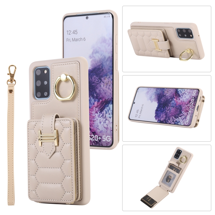 

For Samsung Galaxy S20+ Vertical Card Bag Ring Holder Phone Case with Dual Lanyard(Beige)