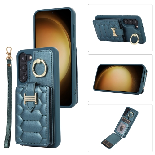 

For Samsung Galaxy S21 5G Vertical Card Bag Ring Holder Phone Case with Dual Lanyard(Dark Green)