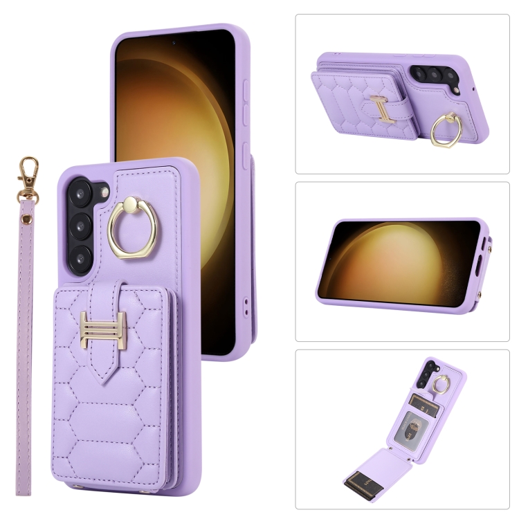 

For Samsung Galaxy S21 5G Vertical Card Bag Ring Holder Phone Case with Dual Lanyard(Purple)