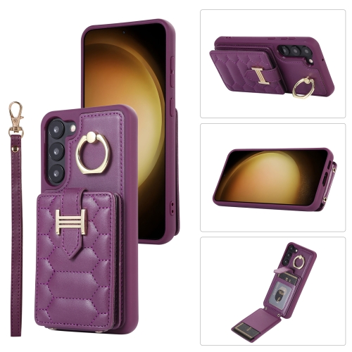 

For Samsung Galaxy S22 5G Vertical Card Bag Ring Holder Phone Case with Dual Lanyard(Dark Purple)