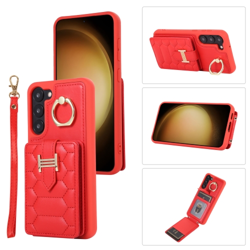 

For Samsung Galaxy S22 5G Vertical Card Bag Ring Holder Phone Case with Dual Lanyard(Red)