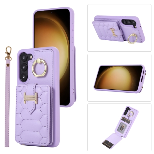 

For Samsung Galaxy S22 5G Vertical Card Bag Ring Holder Phone Case with Dual Lanyard(Purple)