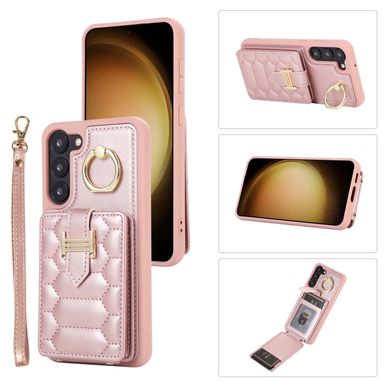 

For Samsung Galaxy S23 5G Vertical Card Bag Ring Holder Phone Case with Dual Lanyard(Rose Gold)