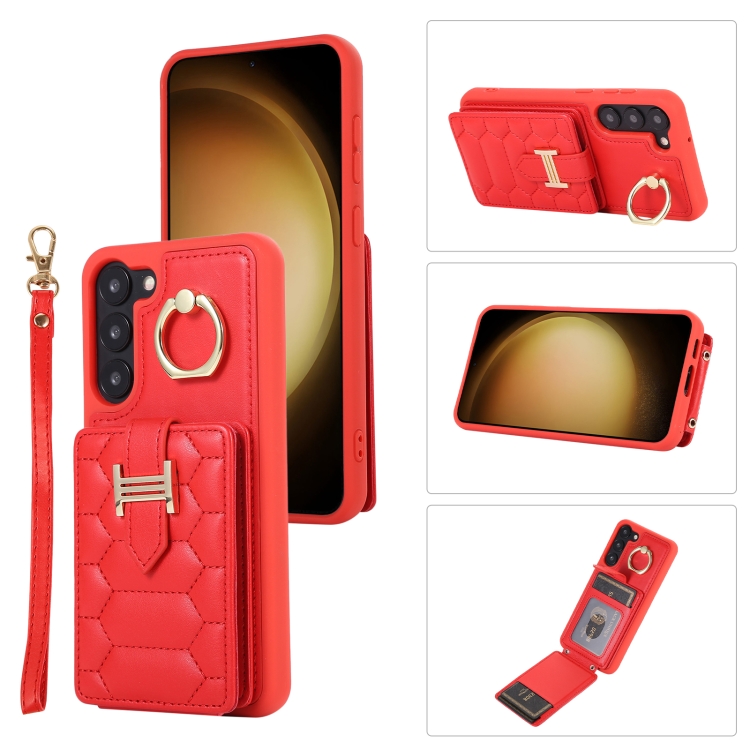 

For Samsung Galaxy S23 5G Vertical Card Bag Ring Holder Phone Case with Dual Lanyard(Red)