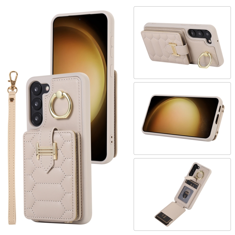 

For Samsung Galaxy S23+ 5G Vertical Card Bag Ring Holder Phone Case with Dual Lanyard(Beige)