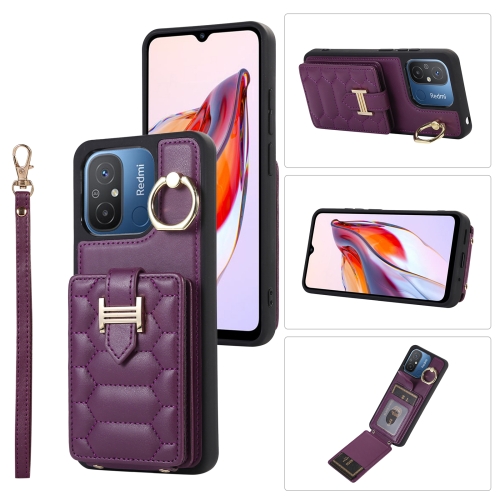 

For Xiaomi Redmi 12C Vertical Card Bag Ring Holder Phone Case with Dual Lanyard(Dark Purple)