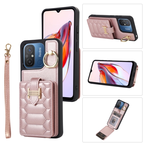 

For Xiaomi Redmi 12C Vertical Card Bag Ring Holder Phone Case with Dual Lanyard(Rose Gold)