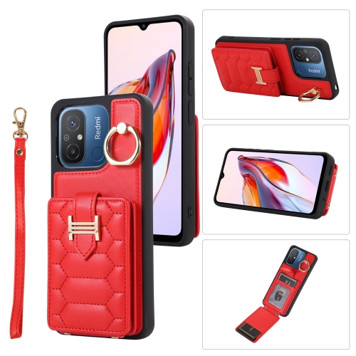 

For Xiaomi Redmi 12C Vertical Card Bag Ring Holder Phone Case with Dual Lanyard(Red)