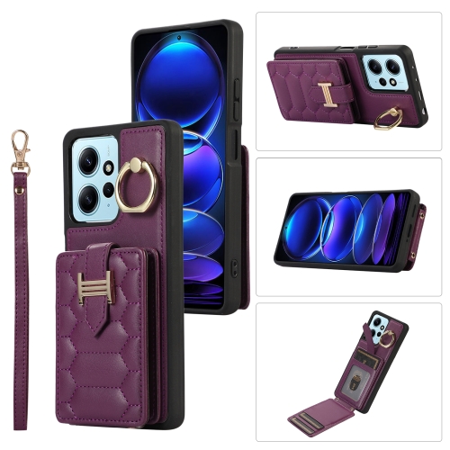 

For Xiaomi Redmi Note 12 4G Global Vertical Card Bag Ring Holder Phone Case with Dual Lanyard(Dark Purple)
