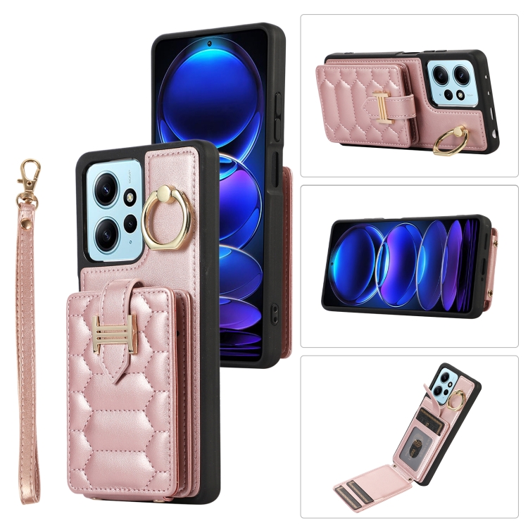 

For Xiaomi Redmi Note 12 4G Global Vertical Card Bag Ring Holder Phone Case with Dual Lanyard(Rose Gold)