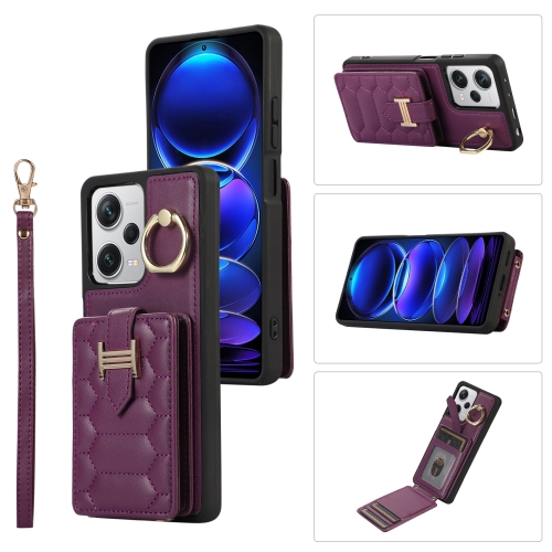 

For Xiaomi Redmi Note 12 Pro 5G Global Vertical Card Bag Ring Holder Phone Case with Dual Lanyard(Dark Purple)