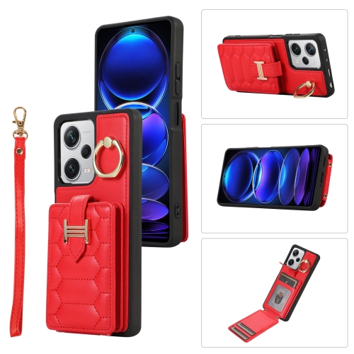 

For Xiaomi Redmi Note 12 Pro 5G Global Vertical Card Bag Ring Holder Phone Case with Dual Lanyard(Red)