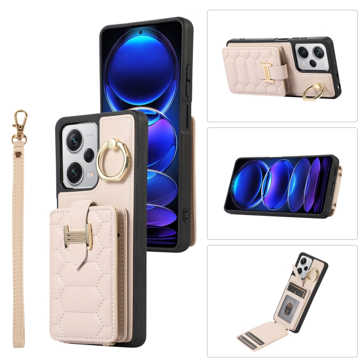 

For Xiaomi Redmi Note 12 Pro 5G Global Vertical Card Bag Ring Holder Phone Case with Dual Lanyard(Beige)