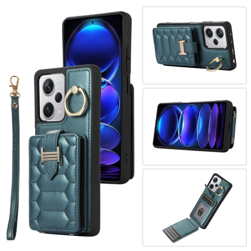 

For Xiaomi Redmi Note 12 Pro 5G Global Vertical Card Bag Ring Holder Phone Case with Dual Lanyard(Dark Green)