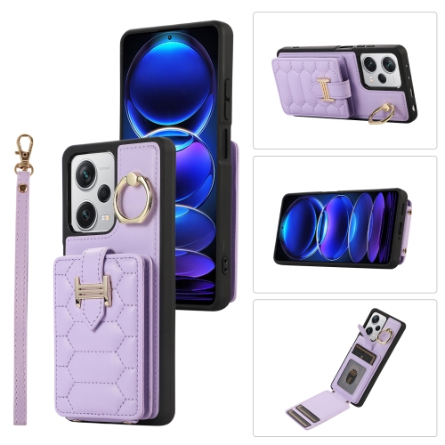

For Xiaomi Redmi Note 12 Pro 5G Global Vertical Card Bag Ring Holder Phone Case with Dual Lanyard(Purple)