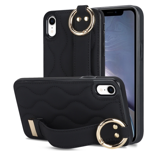 

For iPhone XR Non-slip Full Coverage Ring PU Phone Case with Wristband(Black)
