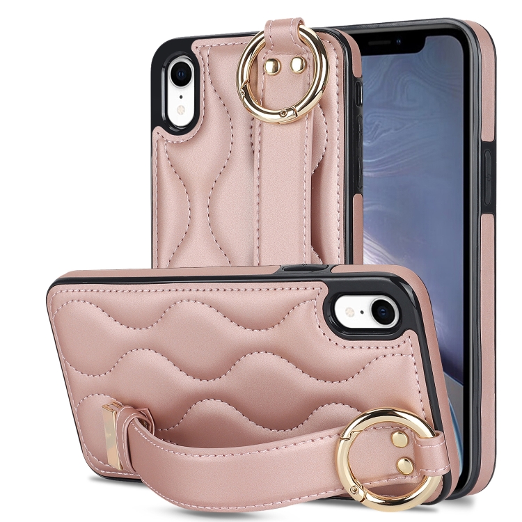 

For iPhone XR Non-slip Full Coverage Ring PU Phone Case with Wristband(Rose Gold)
