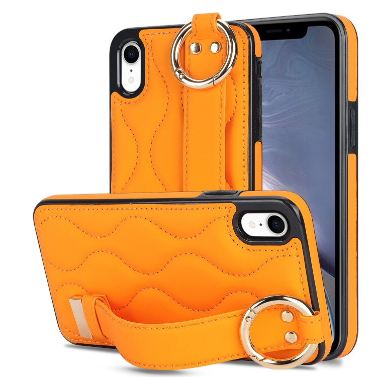 

For iPhone XR Non-slip Full Coverage Ring PU Phone Case with Wristband(Orange)