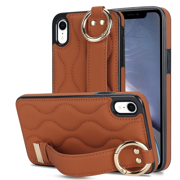 

For iPhone XR Non-slip Full Coverage Ring PU Phone Case with Wristband(Brown)