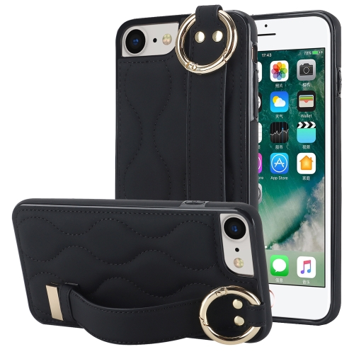 

For iPhone 7 / 8 Non-slip Full Coverage Ring PU Phone Case with Wristband(Black)