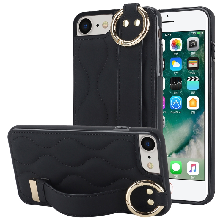 

For iPhone 7 / 8 Non-slip Full Coverage Ring PU Phone Case with Wristband(Black)