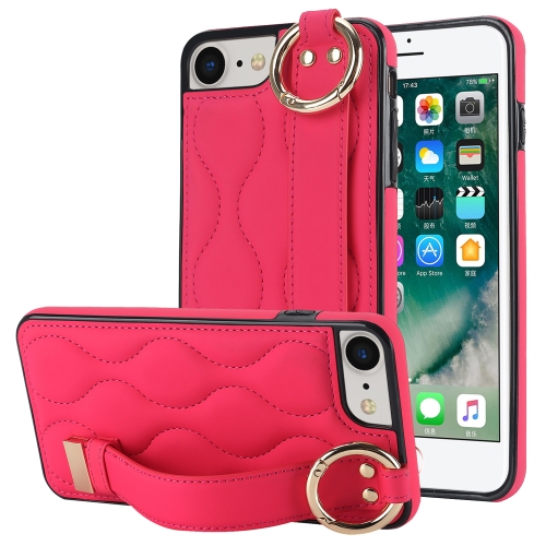 

For iPhone 7 / 8 Non-slip Full Coverage Ring PU Phone Case with Wristband(Rose Red)