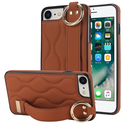 

For iPhone 7 / 8 Non-slip Full Coverage Ring PU Phone Case with Wristband(Brown)