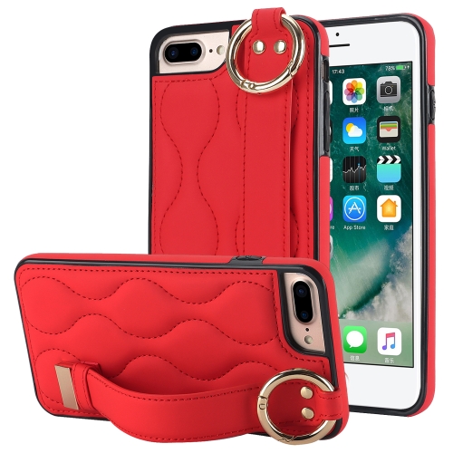

For iPhone 7 Plus / 8 Plus Non-slip Full Coverage Ring PU Phone Case with Wristband(Red)
