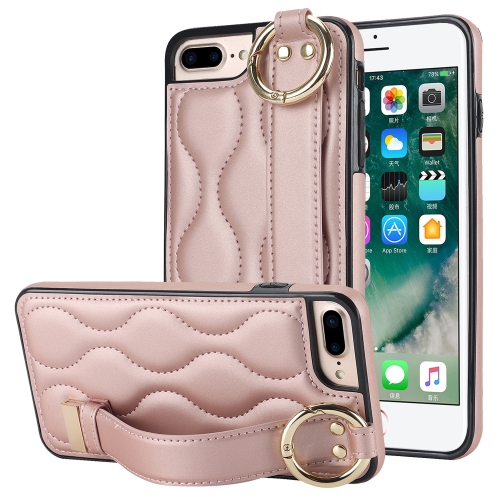 

For iPhone 7 Plus / 8 Plus Non-slip Full Coverage Ring PU Phone Case with Wristband(Rose Gold)