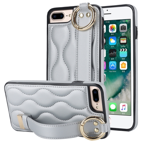 

For iPhone 7 Plus / 8 Plus Non-slip Full Coverage Ring PU Phone Case with Wristband(Silver)