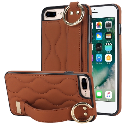 

For iPhone 7 Plus / 8 Plus Non-slip Full Coverage Ring PU Phone Case with Wristband(Brown)