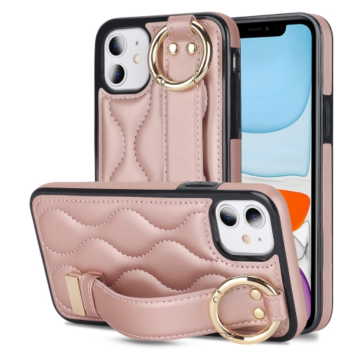 

For iPhone 11 Non-slip Full Coverage Ring PU Phone Case with Wristband(Rose Gold)