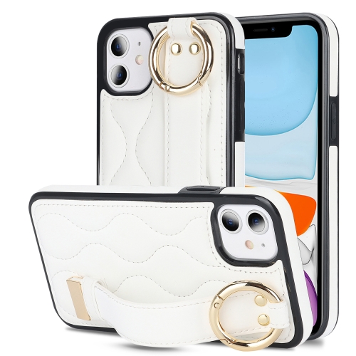 

For iPhone 11 Non-slip Full Coverage Ring PU Phone Case with Wristband(White)
